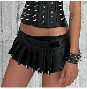 Women black pu leather rings metal punk rock jazz dance miniskirt hot pole party rave dancing one piece wrap velcro half short length skirts